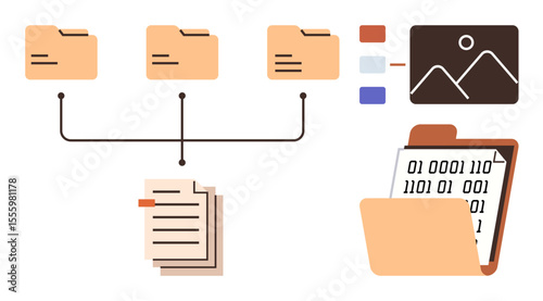 Organized digital files in folders, structured hierarchy, digital documents, and visual data overview. Ideal for organization, workflow, technology, data storage, information sharing digital
