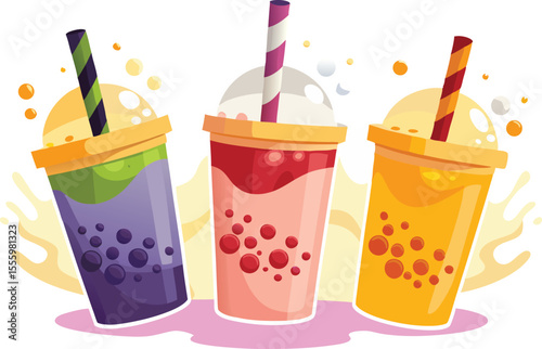 Three Colorful Bubble Teas with Straws and Toppings Illustration