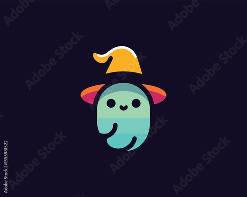 Cute cartoon ghost wearing a wizard hat