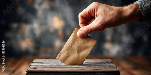 Hand placing ballot into a ballot box during an election event in a public space