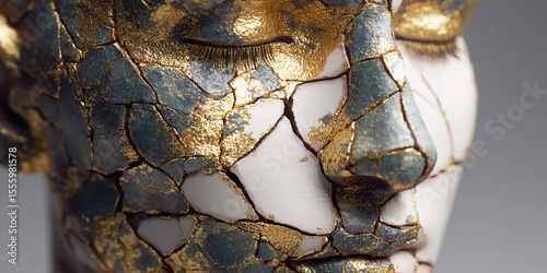 Exploring the beauty of kintsugi on a human head sculpture representing healing through trauma