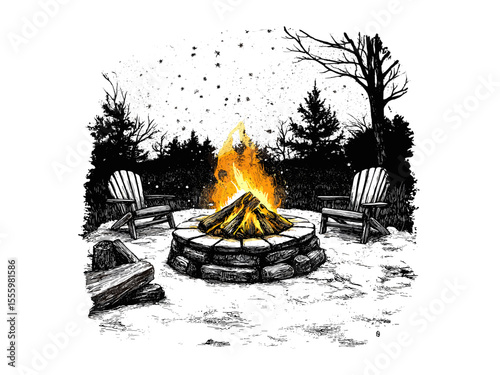 Hand-drawn vintage fire pit illustration, winter night cozy scene, old engraving style, retro seasonal sketch, trendy rustic home decor, winter warmth, outdoor fireplace art