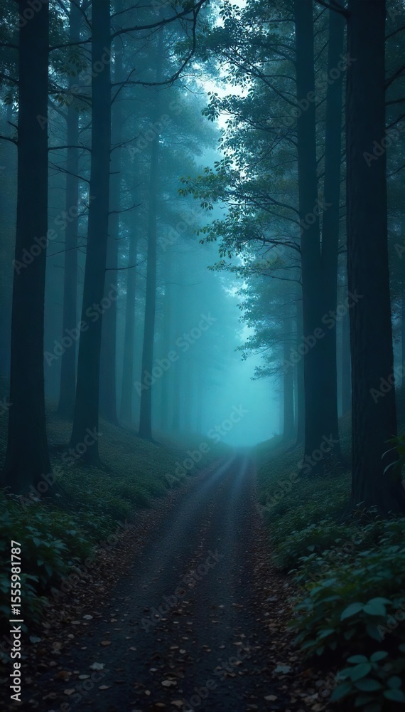 Obraz premium Eerie, misty path winding through a dark forest, suggesting a ghostly presence Perfect for Halloween, mystery, or fantasy themes The faint trail disappears into the shadows , woods, fog