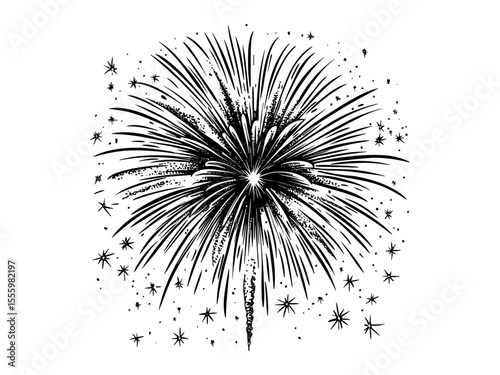 Black sketch firework in vintage retro style, old engraving technique, festive night celebration drawing, antique line art, holiday event illustration, seasonal classic design