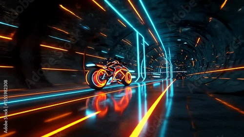 Futuristic neon motorcycle racing through a tunnel of light at high speed showcasing high technology