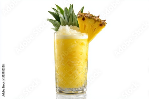 Delicious tropical guarapo de pia drink served in a tall glass with crushed ice and fresh pineapple garnish on a bright white background