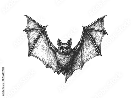 Halloween bat flying, spooky October icon, vintage black line engraving, hand-drawn horror motif, seasonal artwork, old sketch style, Halloween decoration, gothic illustration, creepy design
