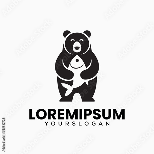 Simple Bear Holding Fish Logo Design in Black and White

