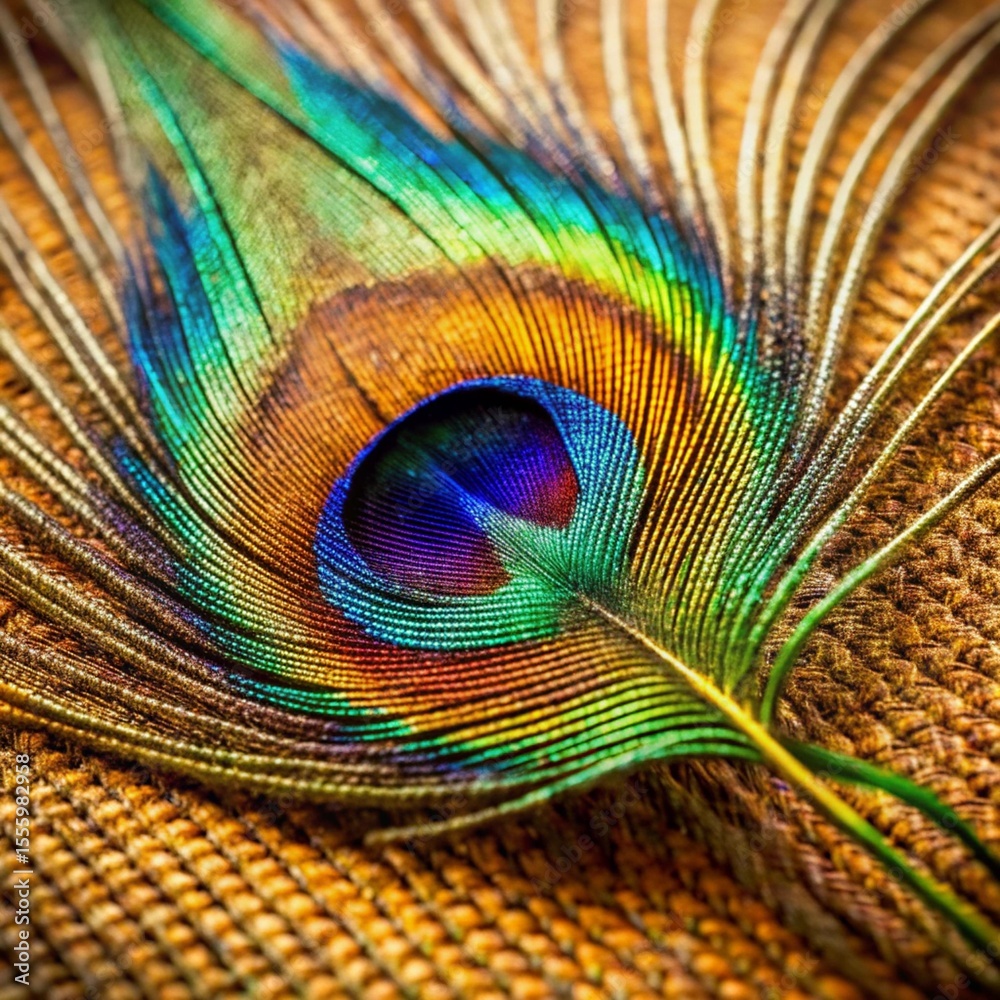 Obraz premium close-up of peacock feather on handwoven fabric