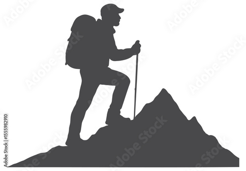 Silhouette of a hiker with backpack and pole on mountain