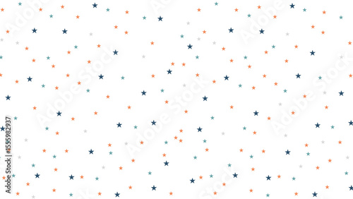 Seamless star pattern with orange, navy, and teal stars on white background. Perfect for kids, nursery decor, wrapping paper, party design, and festive celebration themes.