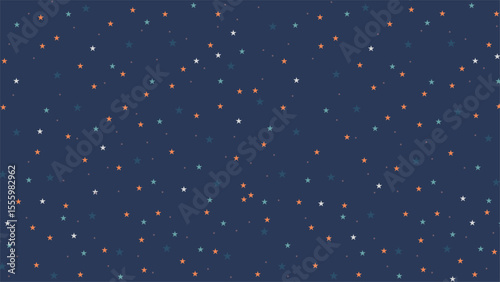 Seamless star pattern on navy blue background with orange, white, and teal stars. Ideal for kids, night sky theme, nursery design, fabric, wrapping paper, or galaxy-inspired decorations.