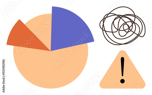 Pie chart divided into three segments, tangled line indicating confusion, warning sign for caution. Ideal for analytics, statistics, risk, problem-solving, planning, decision-making communication