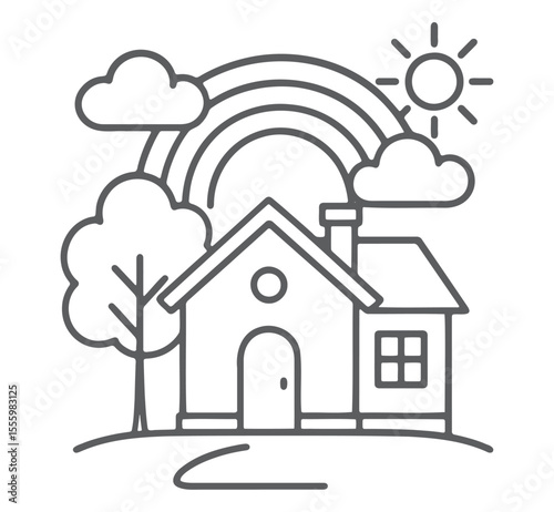Simple line drawing of a house with a rainbow and sun