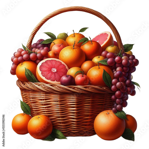  Wicker Basket Filled with Oranges, Grapefruits, and Red Grapes, Accented with Green Leaves, Positioned on a Transparent Background with Bright Even Lighting and a Clean, Centered Composition