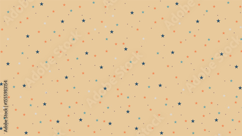 Seamless star pattern on beige background with orange, blue, and white stars. Ideal for kids designs, wrapping paper, nursery themes, party decorations, and cute celestial prints.