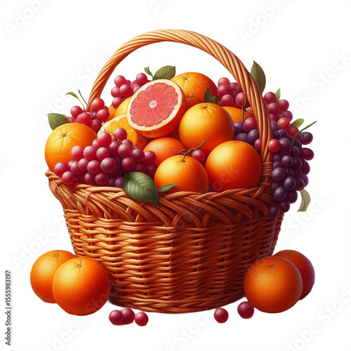  Wicker Basket Filled with Oranges, Grapefruits, and Red Grapes, Accented with Green Leaves, Positioned on a Transparent Background with Bright Even Lighting and a Clean, Centered Composition