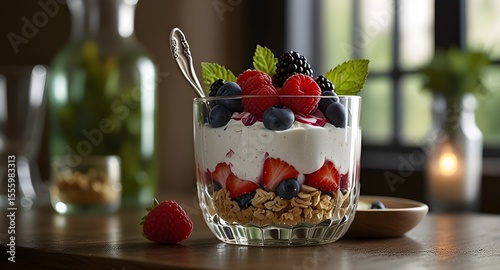 A gourmet yogurt parfait layered with fresh berries and granola, presented in a rustic setting with soft, inviting lighting. 