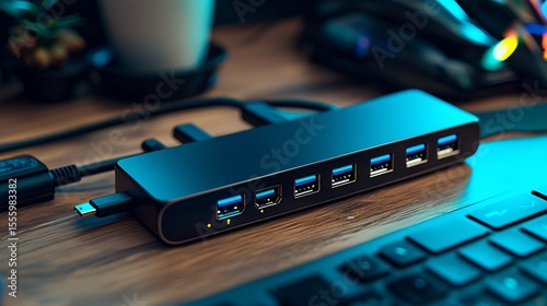 Sleek multi-port USB hub on wooden desk