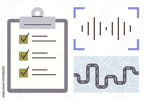 Clipboard with checklist, soundwave graphic, curvy road overlaying map. Ideal for productivity, navigation, planning, goals, technology workflow and organization. Minimalist style simple flat