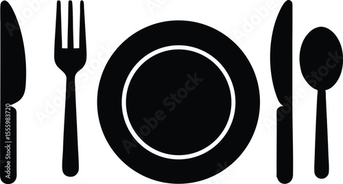 Dish, fork, knife and plate icon set, cutlery vector icon set