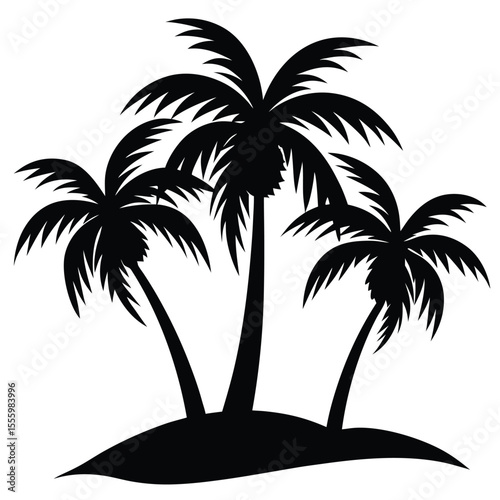 Silhouette of three palm trees on a small island against a white background