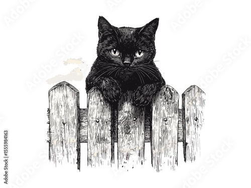 Spooky Halloween black cat on fence, vintage hand-drawn engraving, horror decor, October holiday symbol, trendy old style sketch, mystical creature illustration, retro gothic art