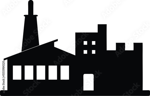 Factory building silhouette vector illustration, environmental pollution