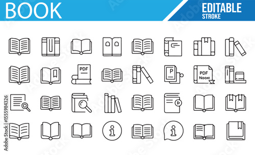  A collection of editable book icons, including symbols for open books, PDFs, e-books, and reading materials.