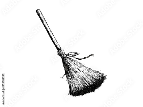 Retro Halloween broomstick engraving, vintage spooky decor, hand-drawn black sketch style, horror icon design, old engraving art, seasonal gothic illustration, creepy vintage style,