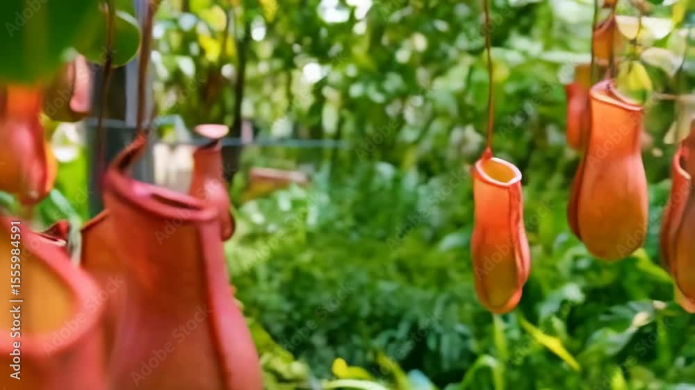 Close up of several vibrant pitcher plants hanging in the sunlight of tropical garden