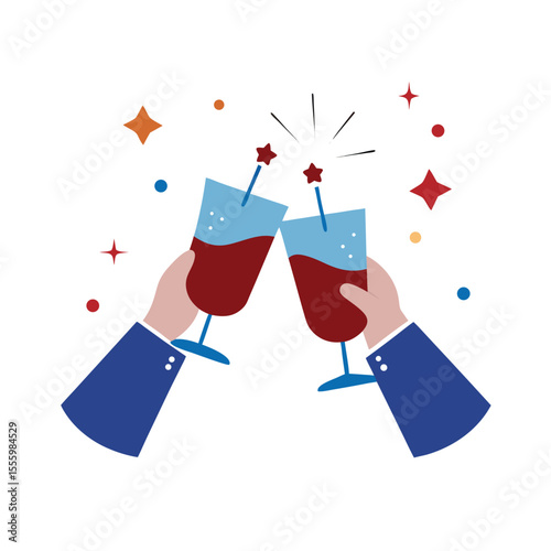 Two hands clinking drinks with sparkles and stars Vector illustration