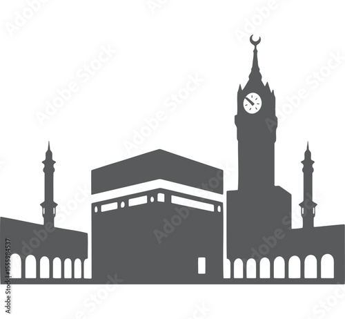 Islamic Kaaba building with minarets and clock tower silhouette