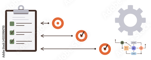 Checklist with marked items, connected targets, gear symbol, and workflow diagram suggesting planning, progress tracking, decision-making, and optimization. Ideal for productivity, workflow