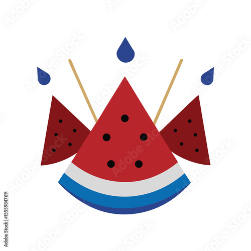Watermelon slices with flag toothpicks for decor Vector illustration