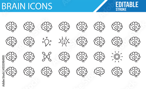 A collection of editable brain icons, including various representations of the human brain, neurons, and light bulb symbols for creativity and thinking