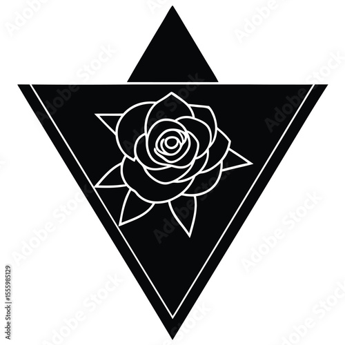 Geometric black triangle with white outline enclosing a white rose outline