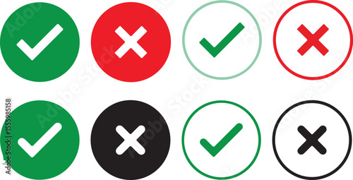 Tick and Cross Icons with Colored Strokes – Green Check and Red X on White Background, Vector Design.AI/EPS/PNG