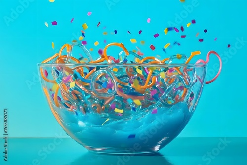 Abstract Composition of Confetti and Rubber Shapes in Turquoise Gel