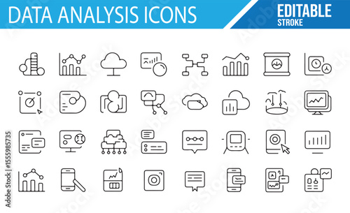 A collection of editable data analysis icons, including symbols for charts, graphs, cloud storage, and data visualization.