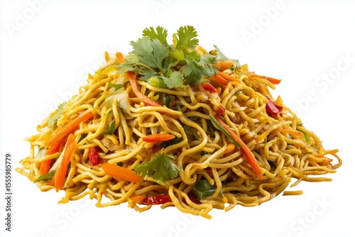 Delicious masala chowmein noodles tossed with fresh vegetables prepared on a pristine white background for a vibrant culinary presentation