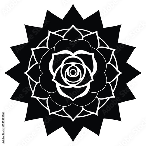 Black and white mandala design with a central rose and outer geometric petals