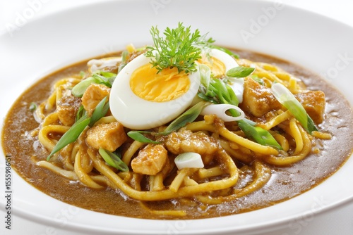 Mee rebus featuring yellow noodles in rich peanut gravy topped with egg and fresh garnishes on a white background celebrating traditional Malaysian cuisine