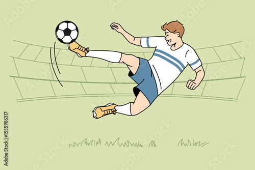 Footballer player kick ball at field. Footballer in uniform score goal in match. Sport and game concept. Vector illustration.