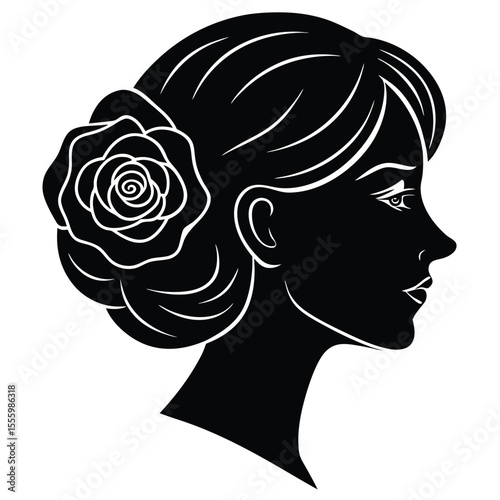 Elegant woman profile silhouette with rose in hair