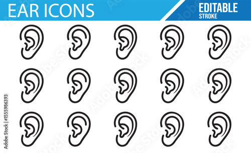 A collection of editable ear icons, depicting various simple representations of human ears.