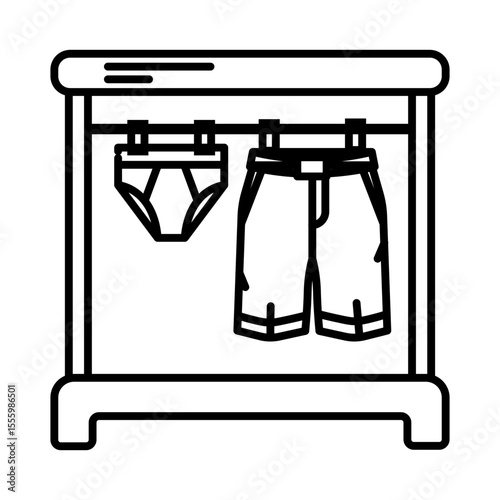 Made in UK Laundry day bliss blue shorts and underwear hanging on a red clothes rack vector icon.