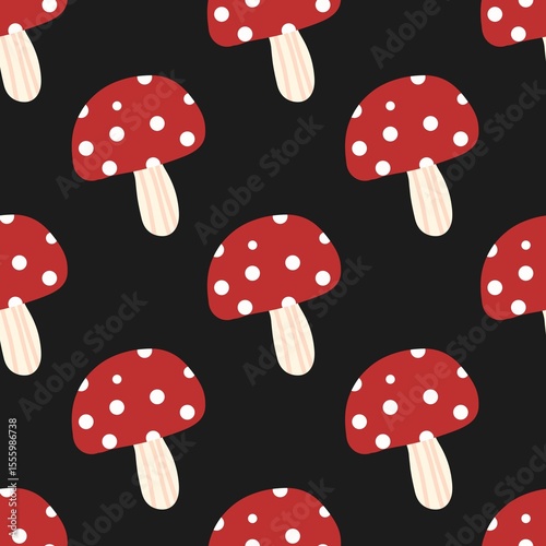 Playful red mushrooms with white dots on black background. Fun and bold pattern for fabric, kids decor, Halloween themes, and woodland-inspired designs.