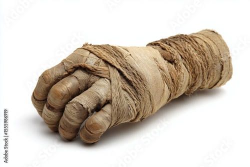 Mummified hand wrapped in aged bandages on a white background showcases ancient preservation techniques and offers insight into historical burial practices