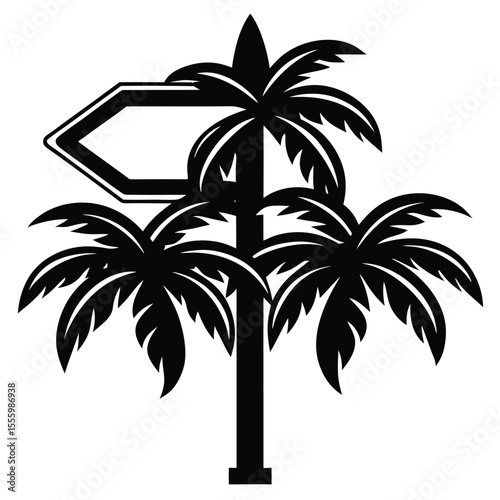 Black silhouette of a directional signpost with palm trees on a white background